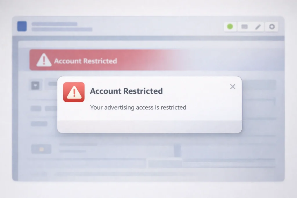 Tài khoản quảng cáo Facebook bị hạn chế hiển thị cảnh báo trong trình quản lý quảng cáo