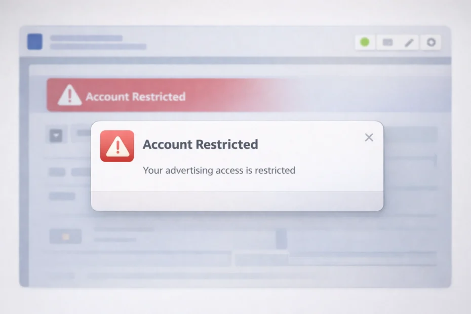 Tài khoản quảng cáo Facebook bị hạn chế hiển thị cảnh báo trong trình quản lý quảng cáo