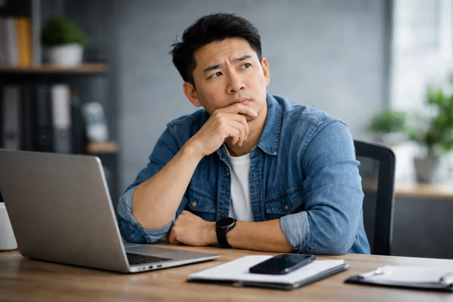 Người làm dịch vụ đang ngồi suy nghĩ, cân nhắc xem Google Ads có phù hợp với mô hình kinh doanh dịch vụ của mình hay không