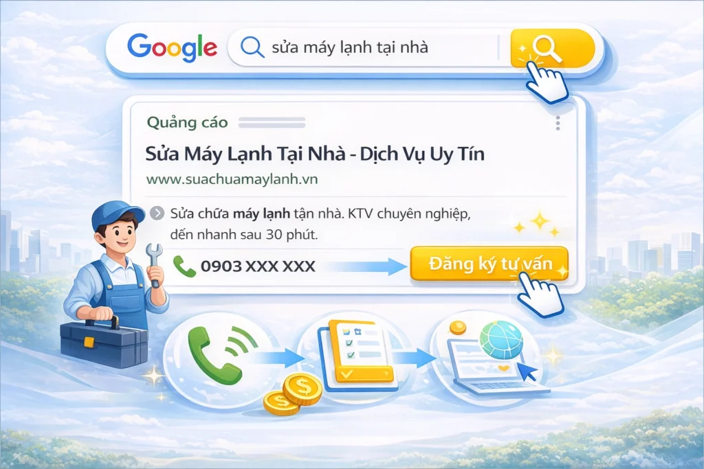 Quảng cáo Google hiển thị khi khách tìm kiếm và dẫn đến cuộc gọi hoặc đăng ký tư vấn